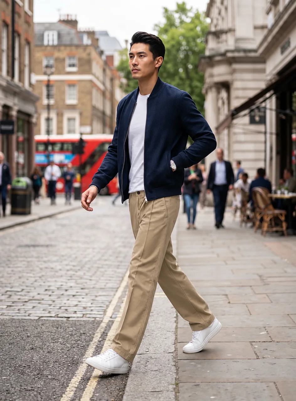 Chinos, mid-stride