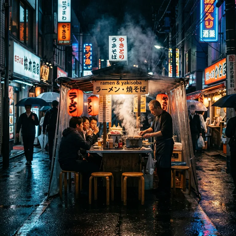 夜の東京の屋台、グリルから立ちのぼる湯気、温かな提灯の明かりと濡れた路面に映るネオン、シネマティックな写真