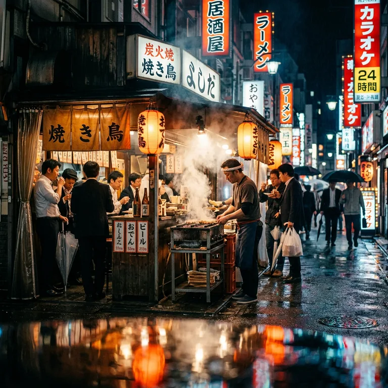 夜の東京の屋台、グリルから立ちのぼる湯気、温かな提灯の明かりと濡れた路面に映るネオン、シネマティックな写真
