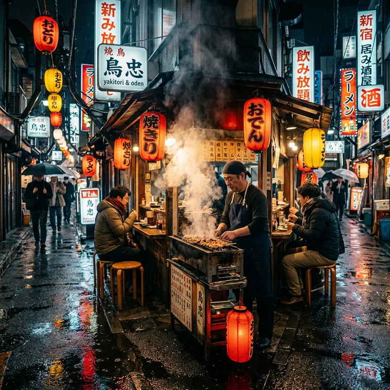 夜の東京の屋台、グリルから立ちのぼる湯気、温かな提灯の明かりと濡れた路面に映るネオン、シネマティックな写真