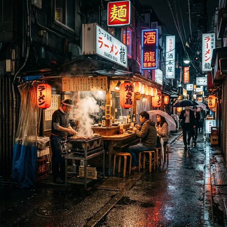夜の東京の屋台、グリルから立ちのぼる湯気、温かな提灯の明かりと濡れた路面に映るネオン、シネマティックな写真