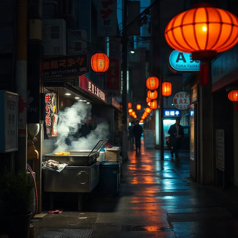FLUX Schnell: A street food stall in Tokyo at night, steam rising from the grill, warm lanterns and neon reflections on wet pavement, cinematic photo