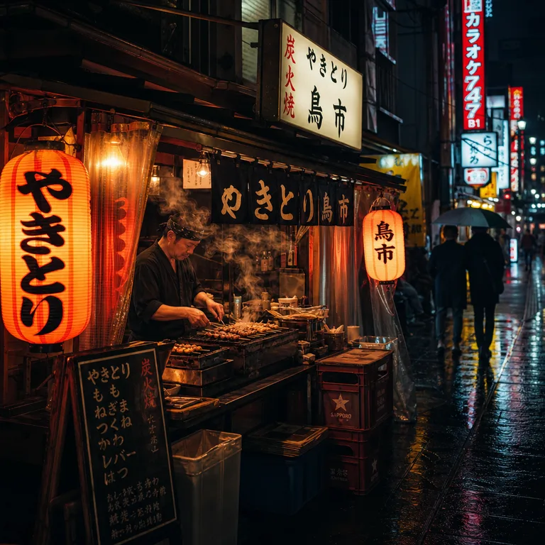 GPT Image 2: A street food stall in Tokyo at night, steam rising from the grill, warm lanterns and neon reflections on wet pavement, cinematic photo