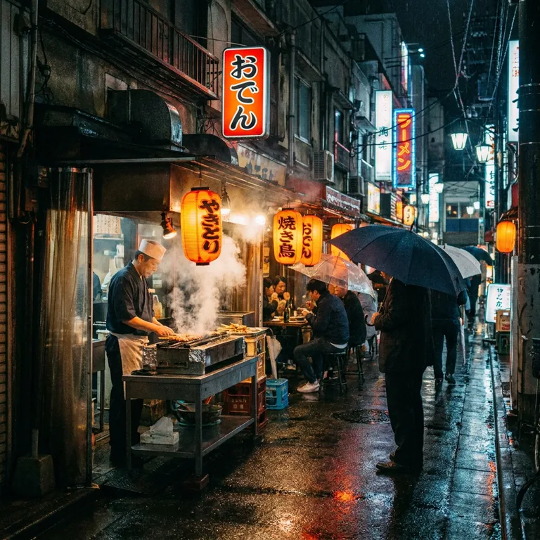 Nano Banana Pro: A street food stall in Tokyo at night, steam rising from the grill, warm lanterns and neon reflections on wet pavement, cinematic photo