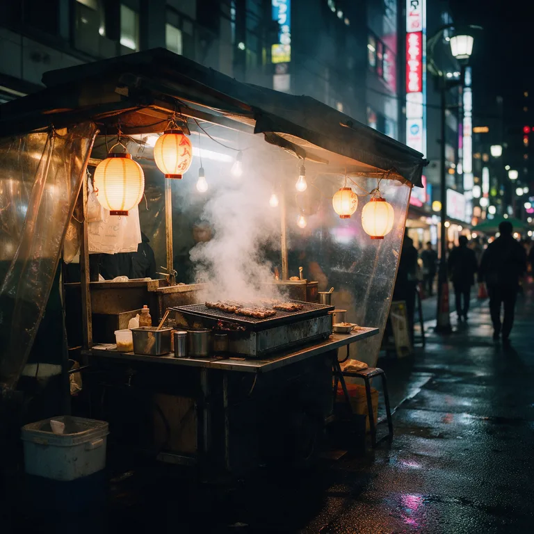 Seedream 5.0 Pro: A street food stall in Tokyo at night, steam rising from the grill, warm lanterns and neon reflections on wet pavement, cinematic photo
