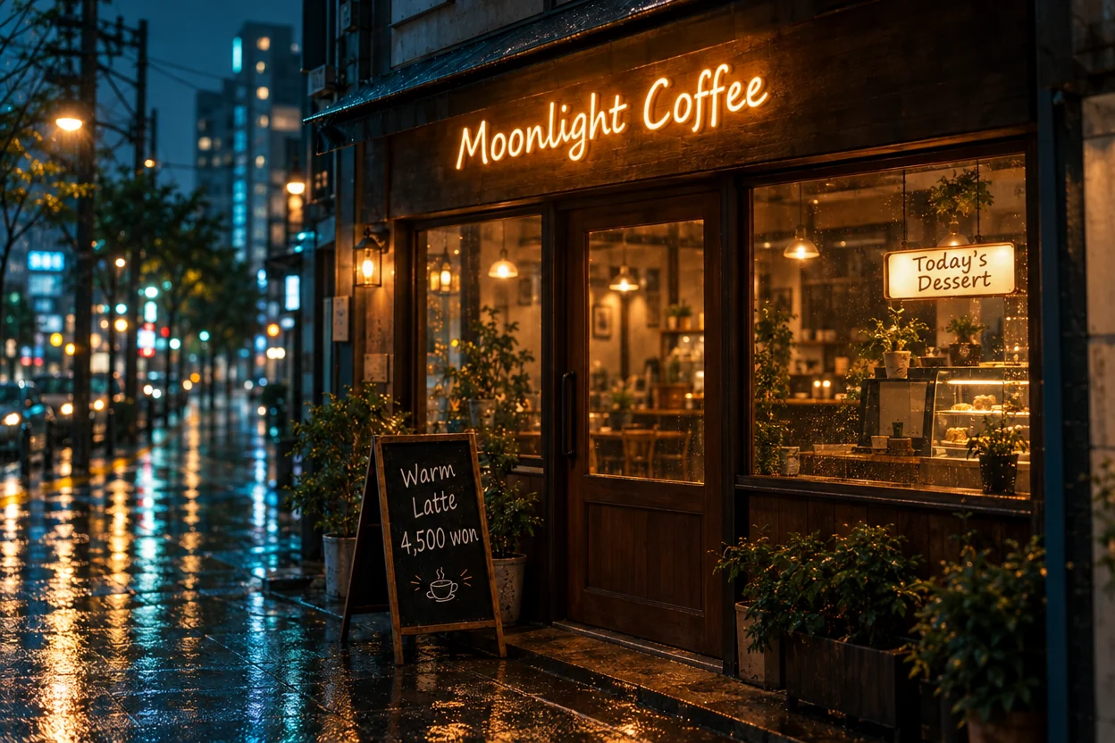 首尔夜晚的咖啡馆:韩文招牌译成英文